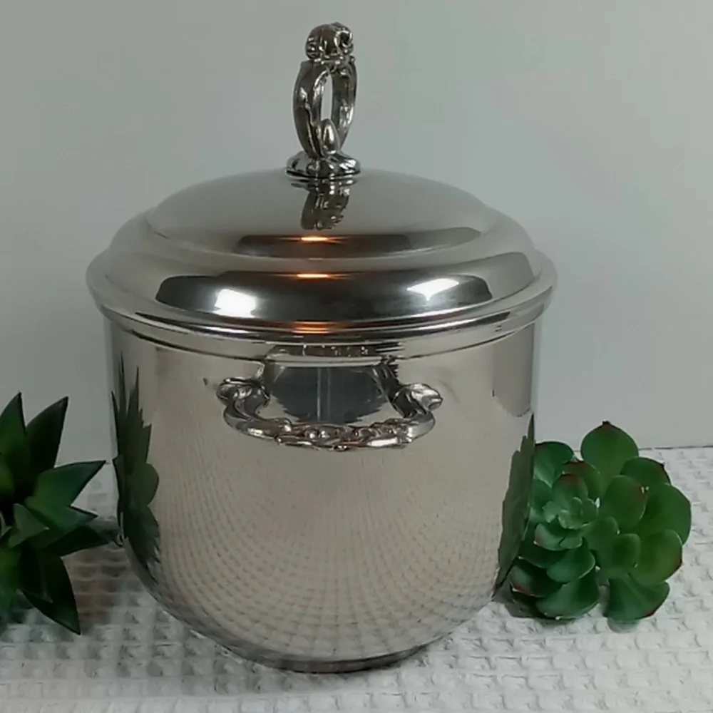 Vintage English Silver Leonard Silver Co Engraved Ice Bucket w/Milk Glass Liner